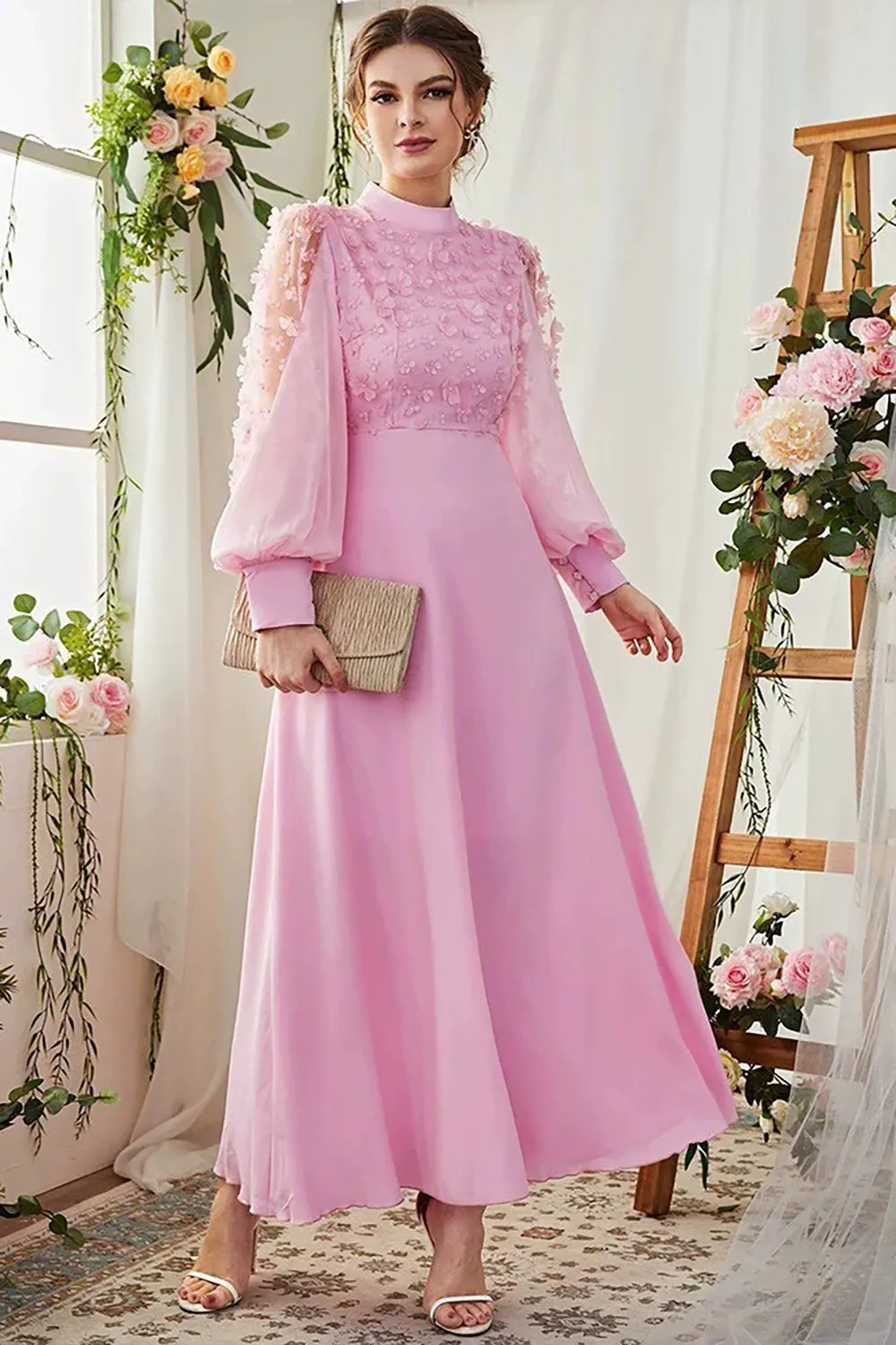 A-Line Long Sleeves Candy Pink Formal Dress with 3D Flowers sold by Zapaka