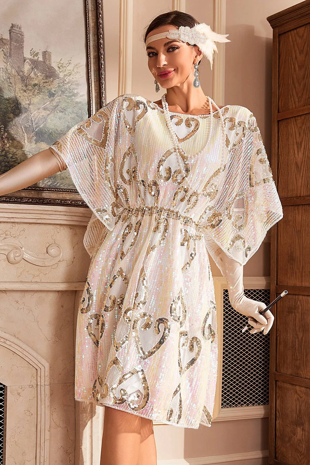 White Sparkly Batwing 1920s Dress with Sequins sold by Zapaka product image thumbnail 4