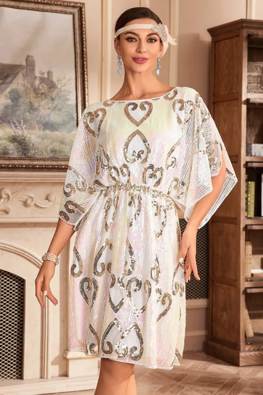 White Sparkly Batwing 1920s Dress with Sequins sold by Zapaka