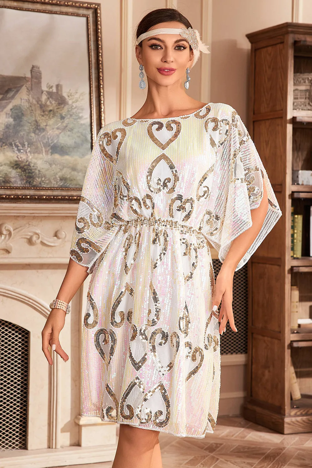 White Sparkly Batwing 1920s Dress with Sequins sold by Zapaka