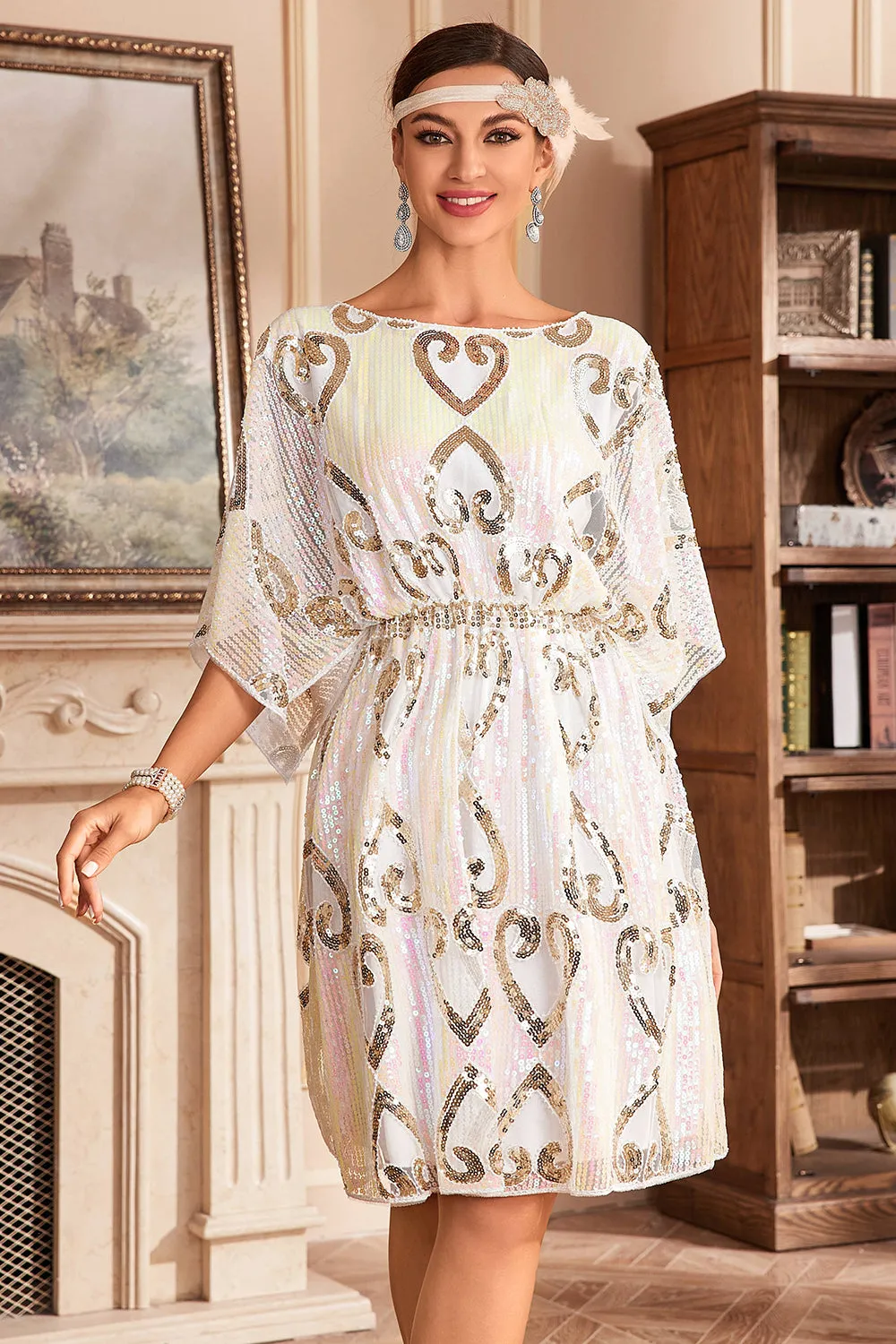 White Sparkly Batwing 1920s Dress with Sequins sold by Zapaka product image thumbnail 5