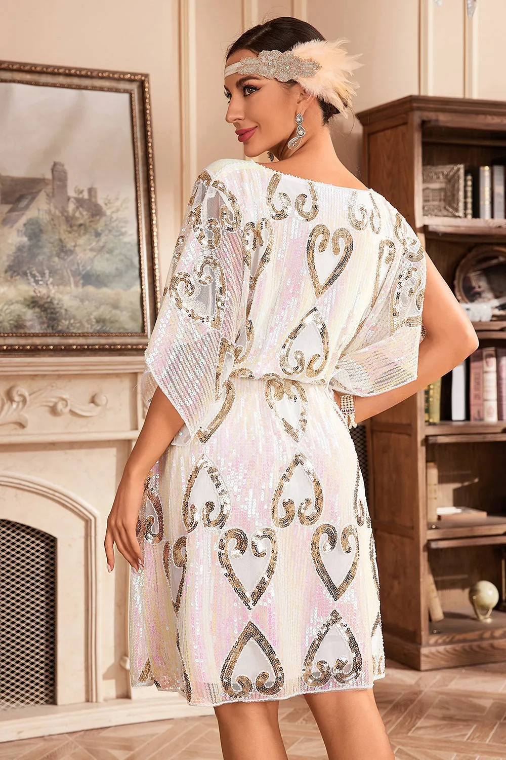 White Sparkly Batwing 1920s Dress with Sequins sold by Zapaka product image thumbnail 2