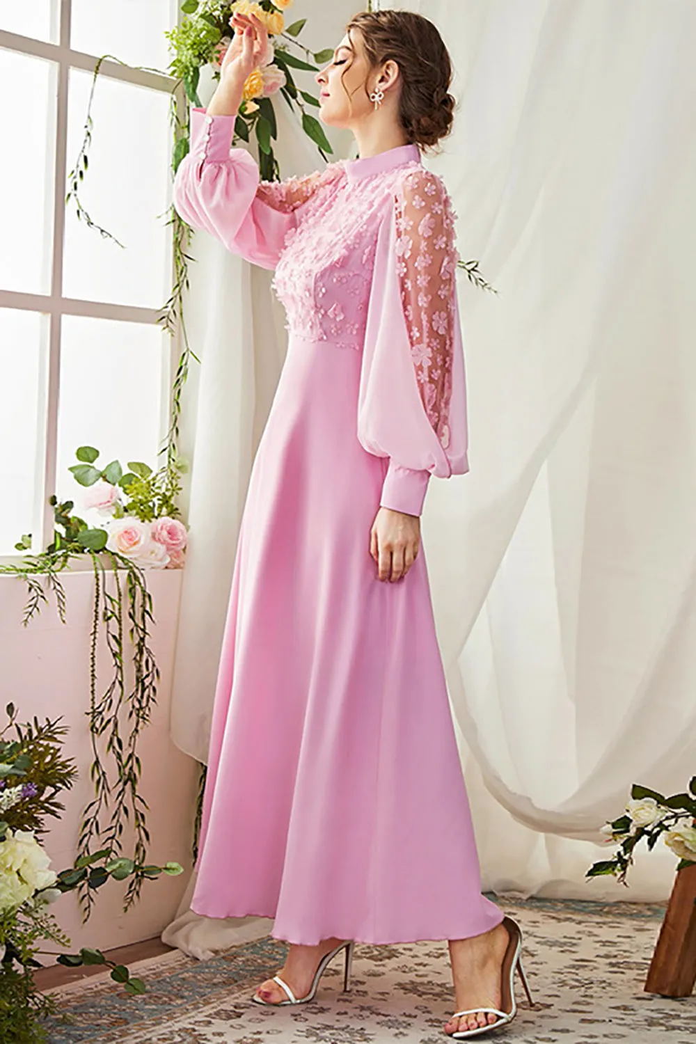 A-Line Long Sleeves Candy Pink Formal Dress with 3D Flowers sold by Zapaka product image thumbnail 3