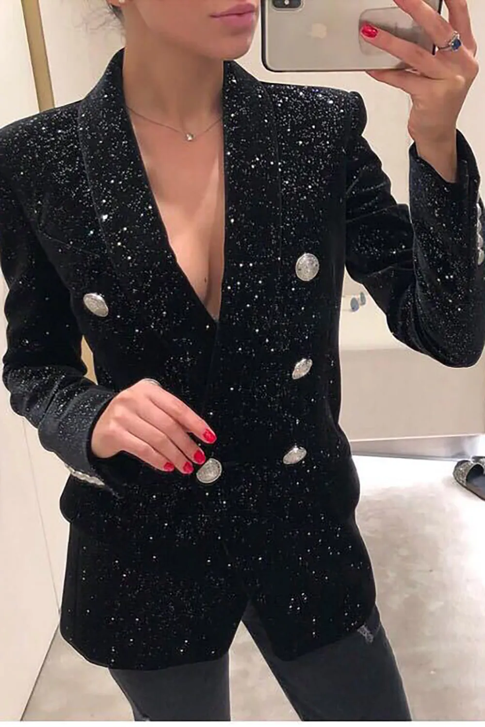 Sparkly Black Sequins Double Breasted Women Party Blazer sold by Zapaka product image thumbnail 3