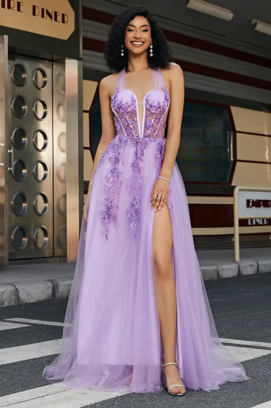 Gorgeous A Line Halter Neck Grey Purple Corset Prom Dress with Appliques sold by Zapaka
