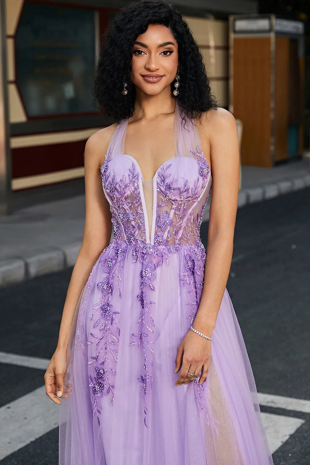 Gorgeous A Line Halter Neck Grey Purple Corset Prom Dress with Appliques sold by Zapaka product image thumbnail 5