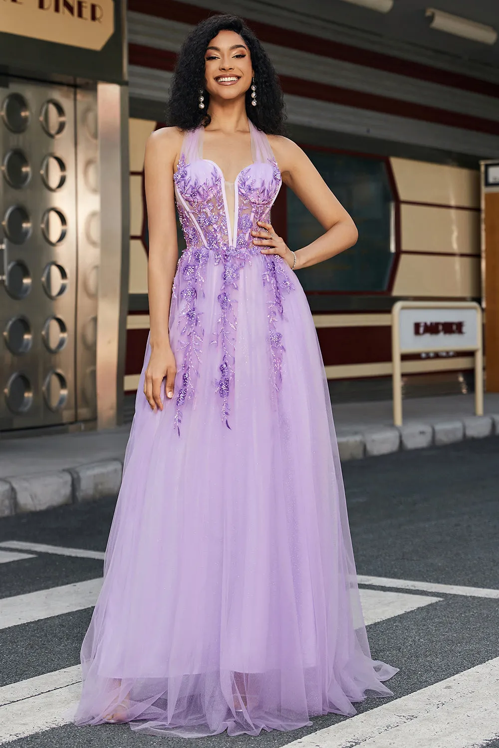 Gorgeous A Line Halter Neck Grey Purple Corset Prom Dress with Appliques sold by Zapaka product image thumbnail 3