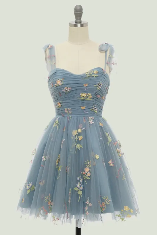 Grey Blue Short A-Line Homecoming Dress With Embroidery sold by Zapaka