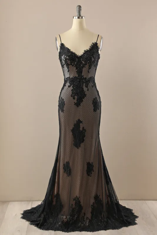 Black V neck Beaded Prom Dress made by Zapaka