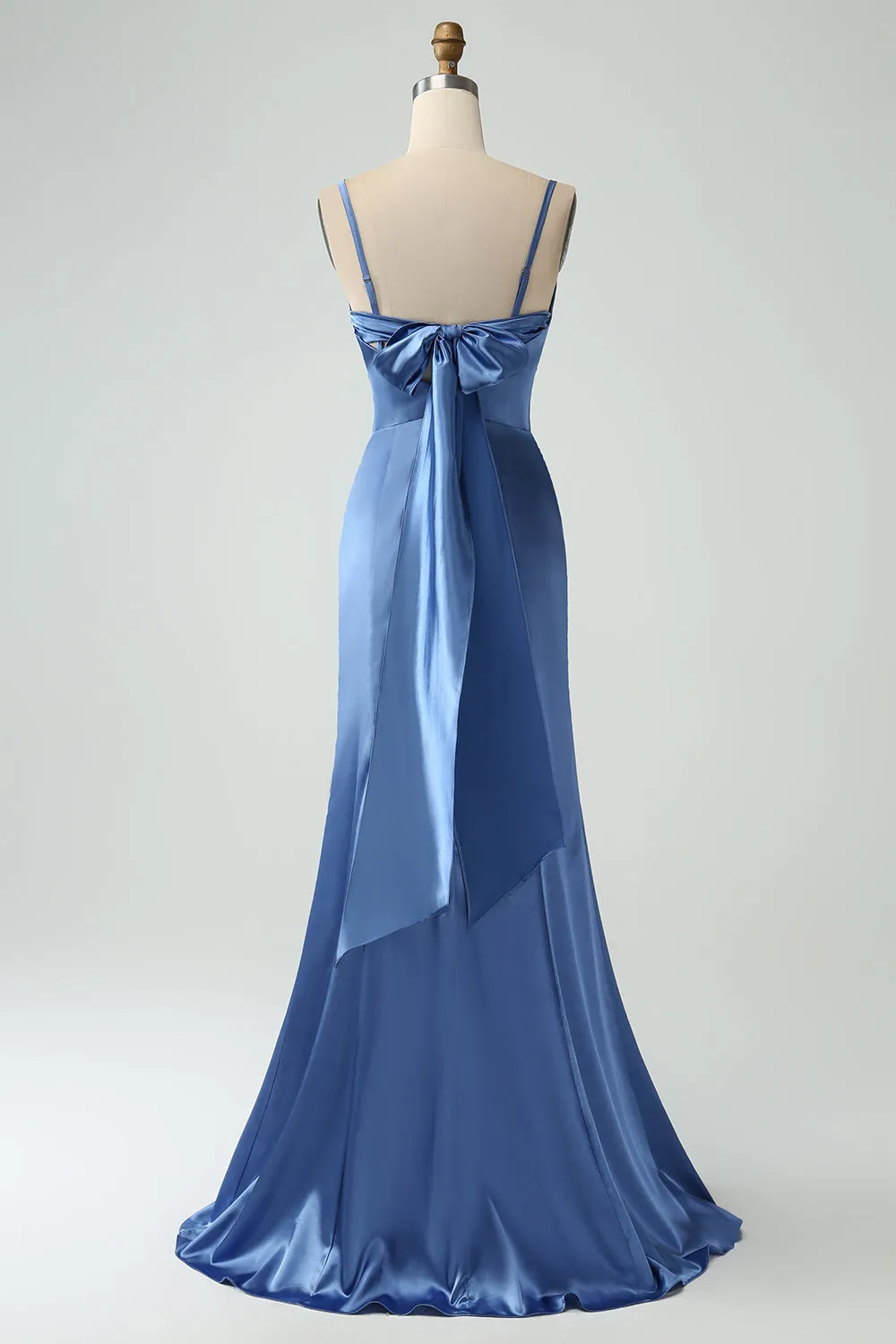Grey Blue Mermaid Spaghetti Straps Long Satin Bridesmaid Dress with Slit sold by Zapaka product image thumbnail 2
