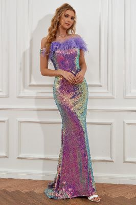 Light Purple Sequined Gradient Evening Dress with Feathers sold by Zapaka