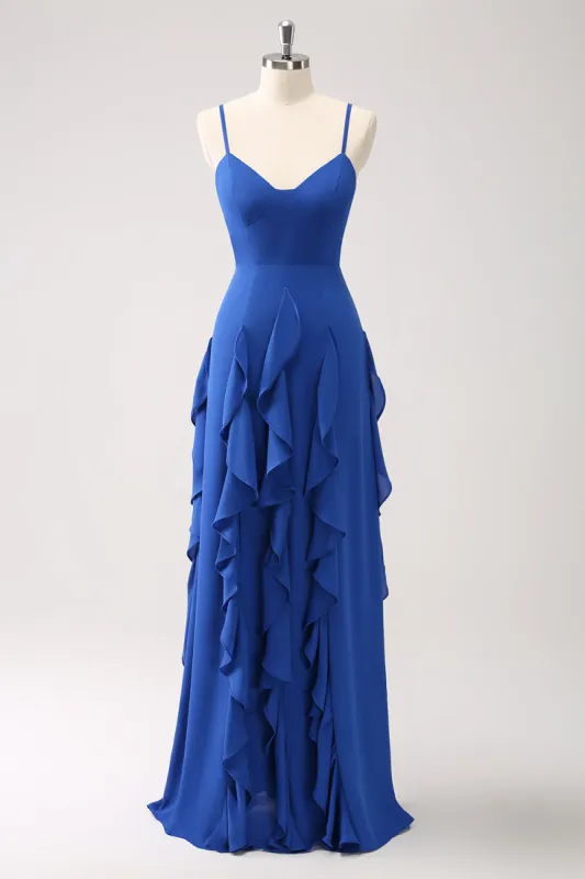 A-Line Dark Blue Spaghetti Straps Bridesmaid Dress with Ruffles sold by Zapaka