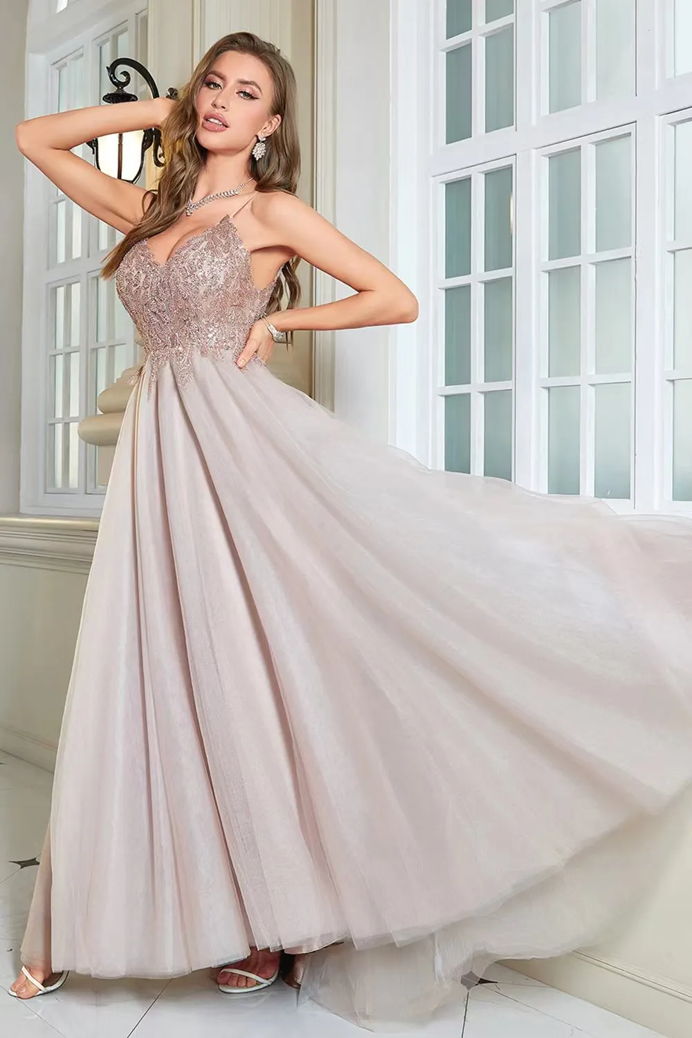 Glitter Blush A-Line Tulle Long Prom Dress with Lace sold by Zapaka product image thumbnail 4