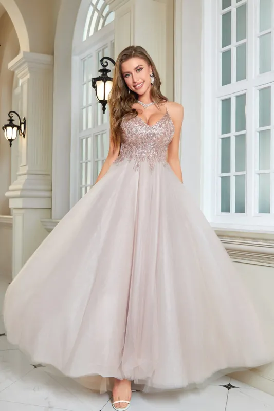 Glitter Blush A-Line Tulle Long Prom Dress with Lace sold by Zapaka