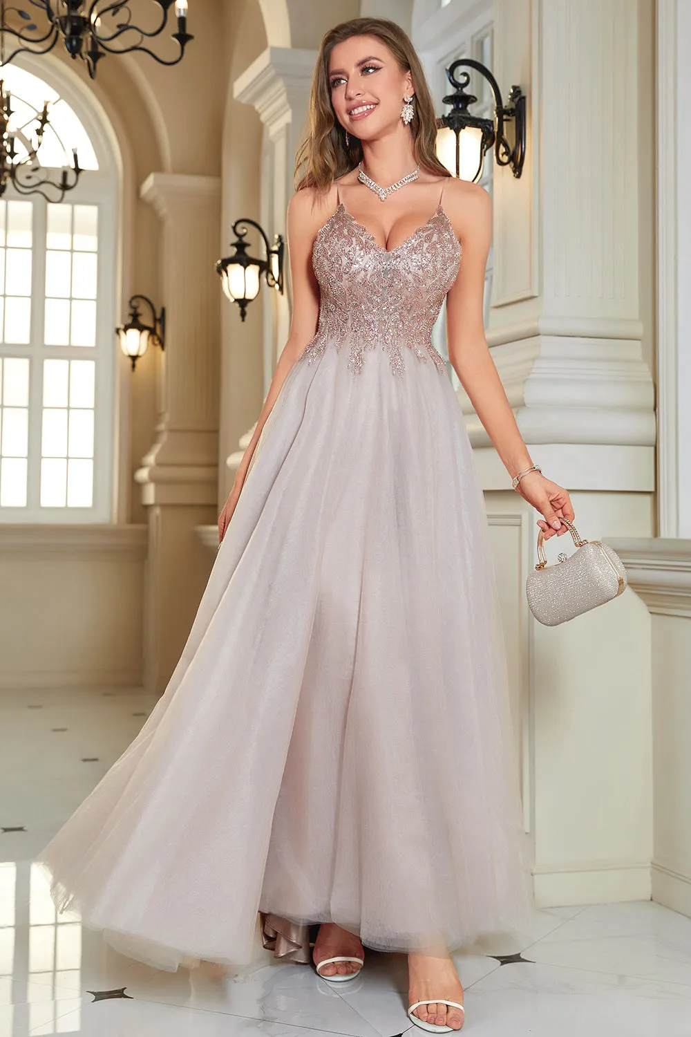 Glitter Blush A-Line Tulle Long Prom Dress with Lace sold by Zapaka product image thumbnail 5