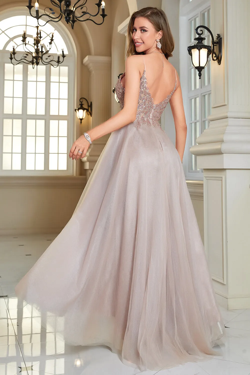 Glitter Blush A-Line Tulle Long Prom Dress with Lace sold by Zapaka product image thumbnail 2