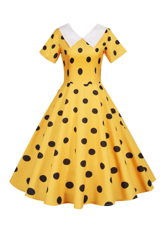 Polka Dots Yellow Vintage Dress with Short Sleeves sold by Zapaka