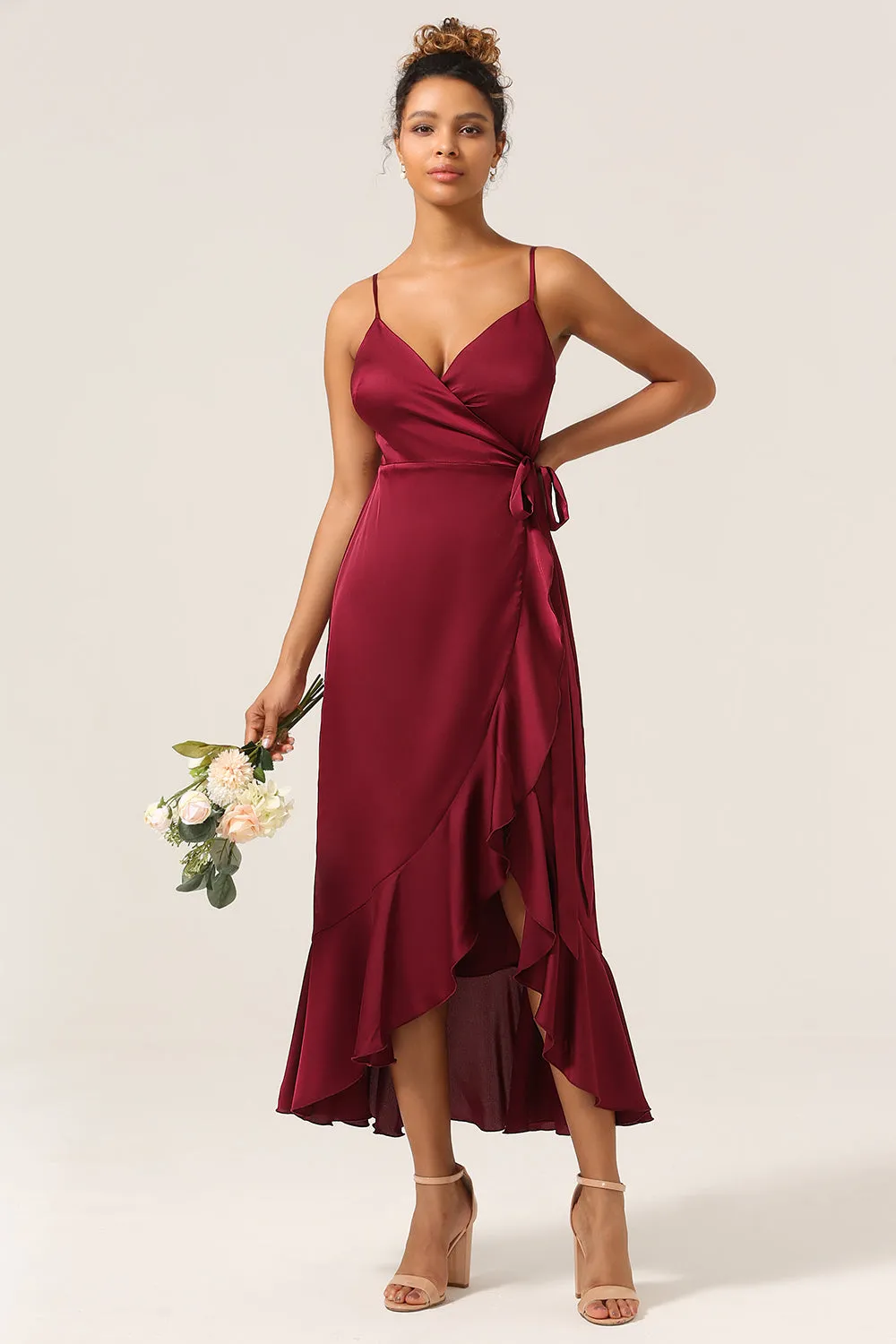 A Line Spaghetti Straps Burgundy Bridesmaid Dress with Ruffles sold by Zapaka
