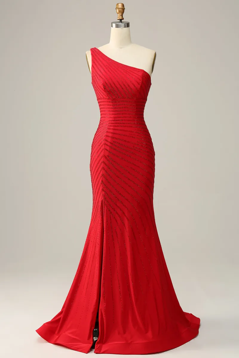 Red Long Mermaid One Shoulder Satin Prom Dress With Beadings Sleeveless main image 0