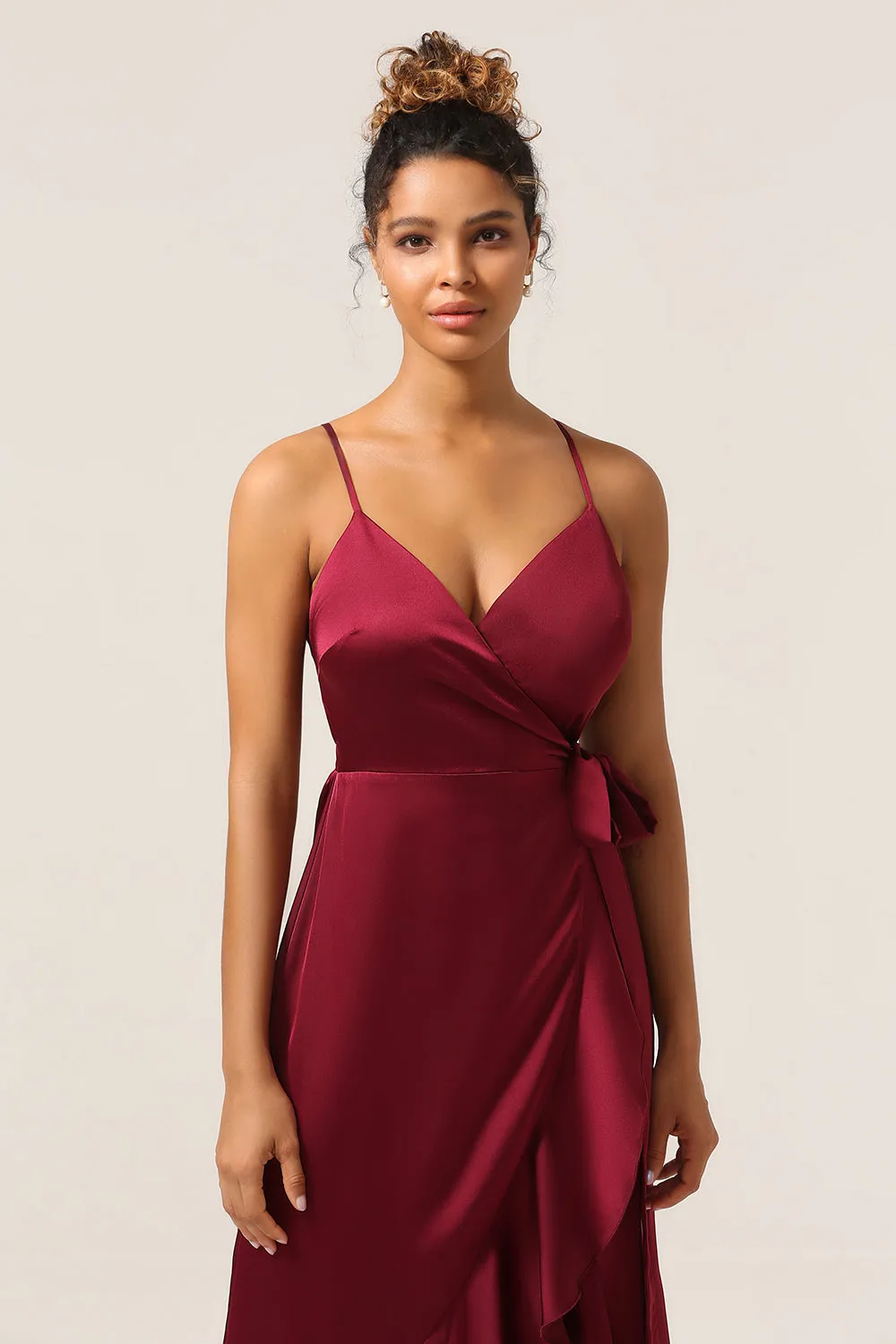 A Line Spaghetti Straps Burgundy Bridesmaid Dress with Ruffles sold by Zapaka product image thumbnail 5
