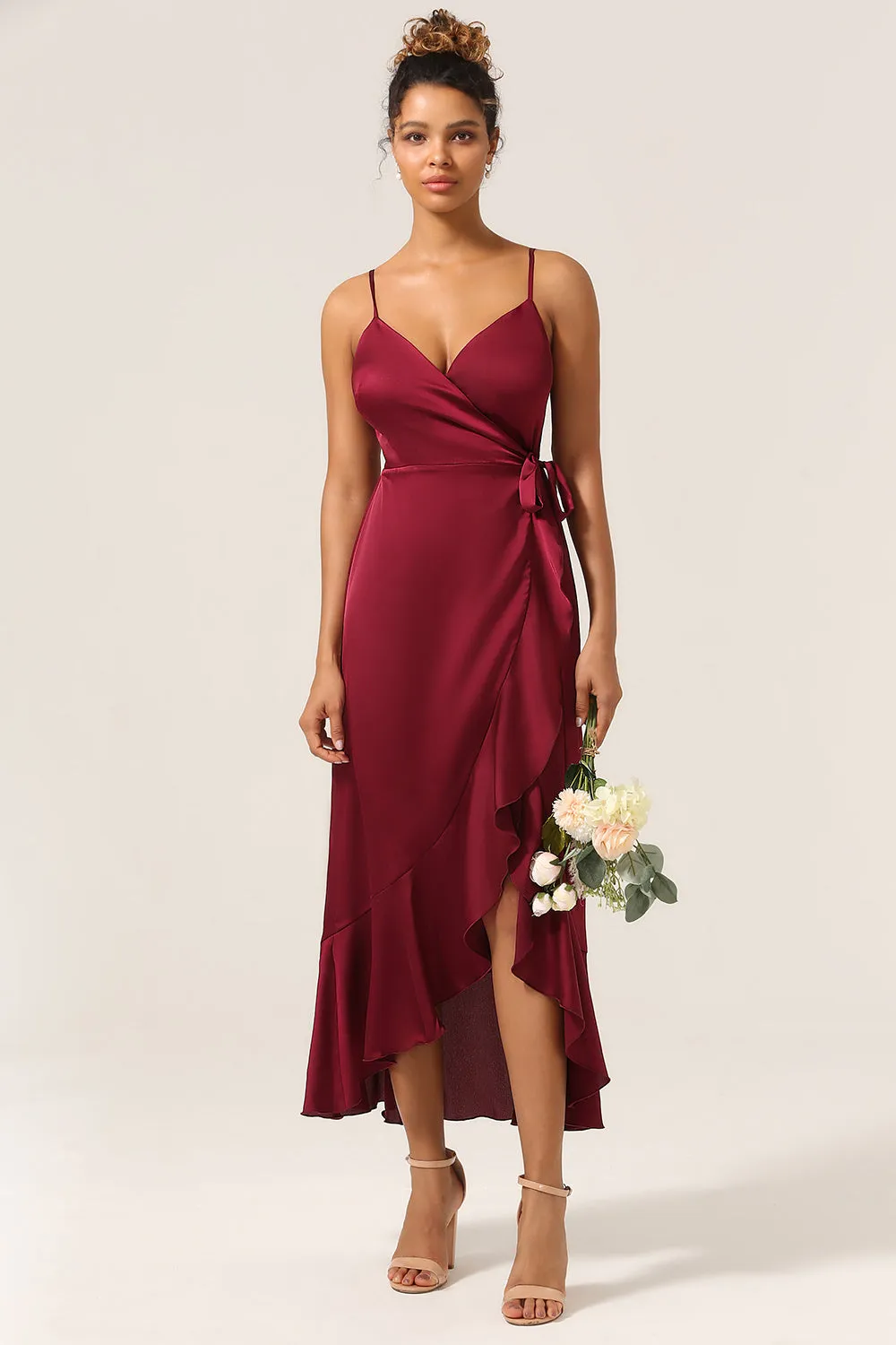 A Line Spaghetti Straps Burgundy Bridesmaid Dress with Ruffles sold by Zapaka product image thumbnail 3