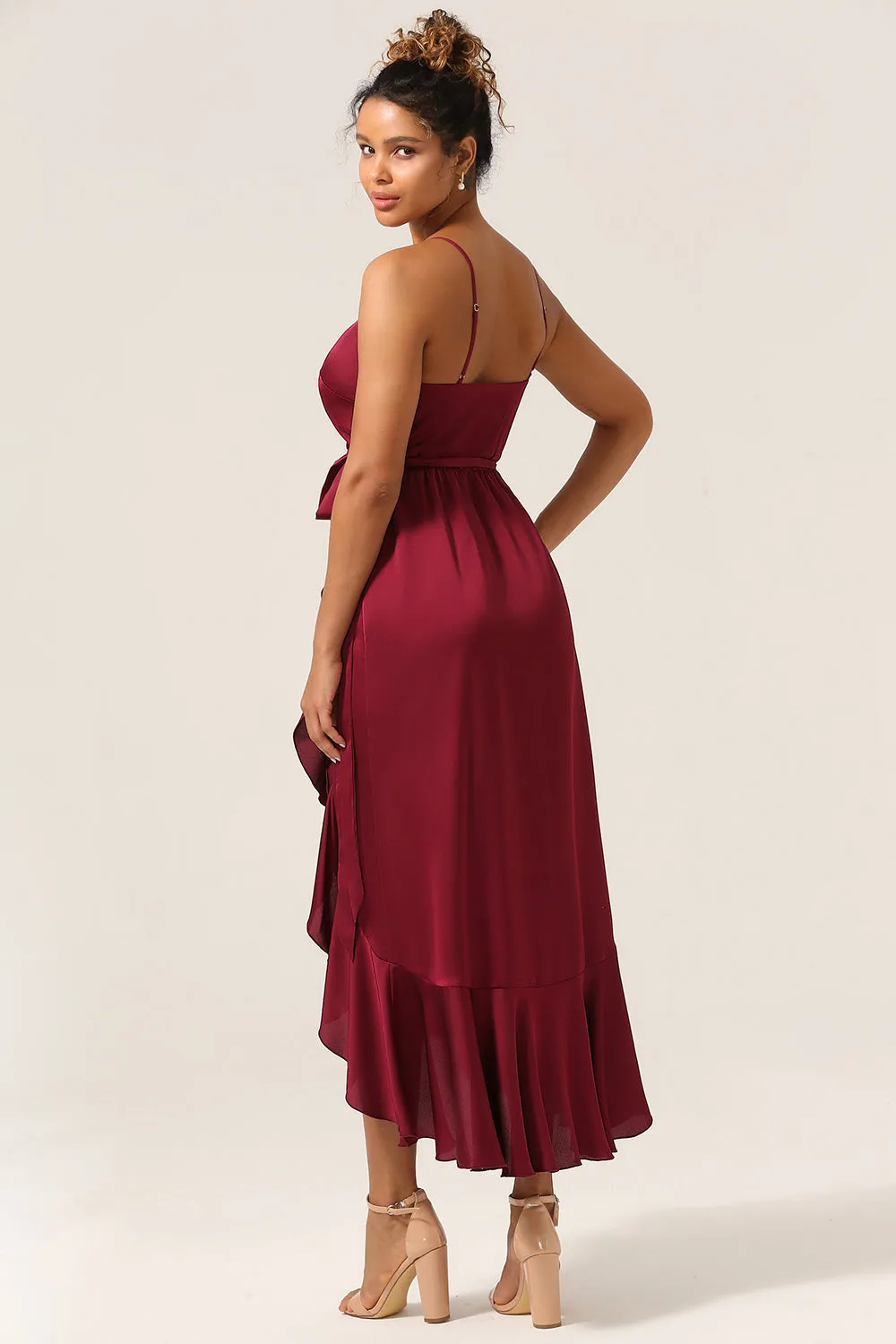 A Line Spaghetti Straps Burgundy Bridesmaid Dress with Ruffles sold by Zapaka product image thumbnail 2