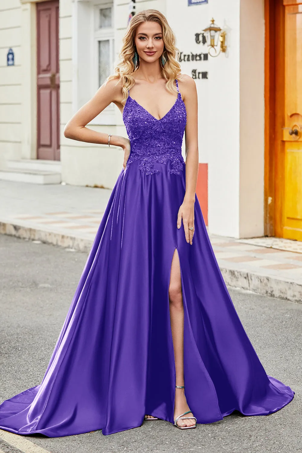 Royal Blue A Line Spaghetti Straps Long Backless Prom Dress with Appliques sold by Zapaka product image thumbnail 5