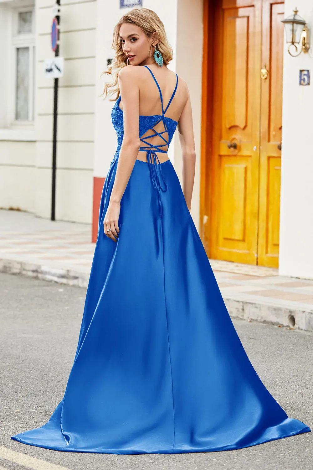 Royal Blue A Line Spaghetti Straps Long Backless Prom Dress with Appliques sold by Zapaka product image thumbnail 2