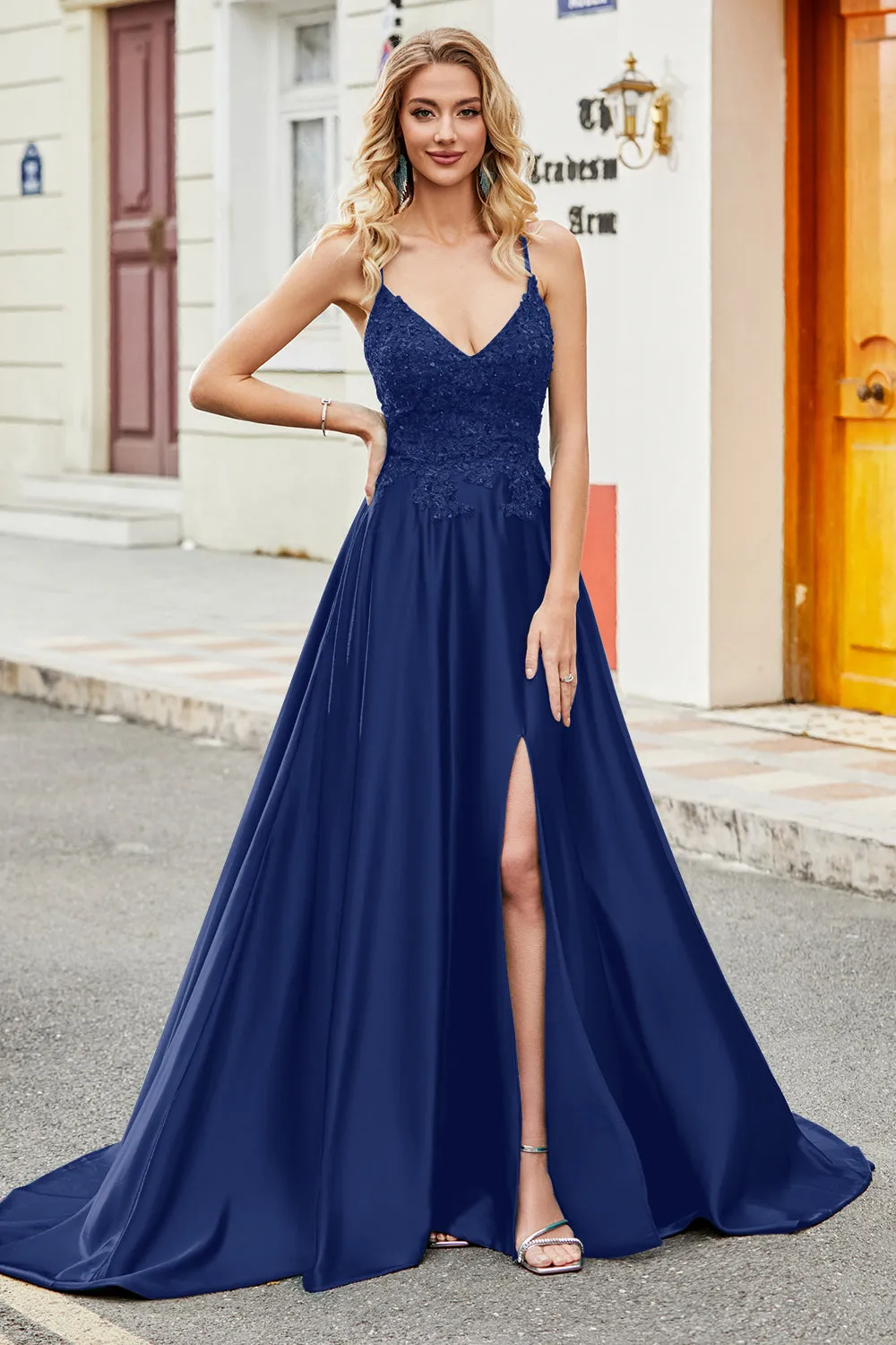 Royal Blue A Line Spaghetti Straps Long Backless Prom Dress with Appliques sold by Zapaka product image thumbnail 3
