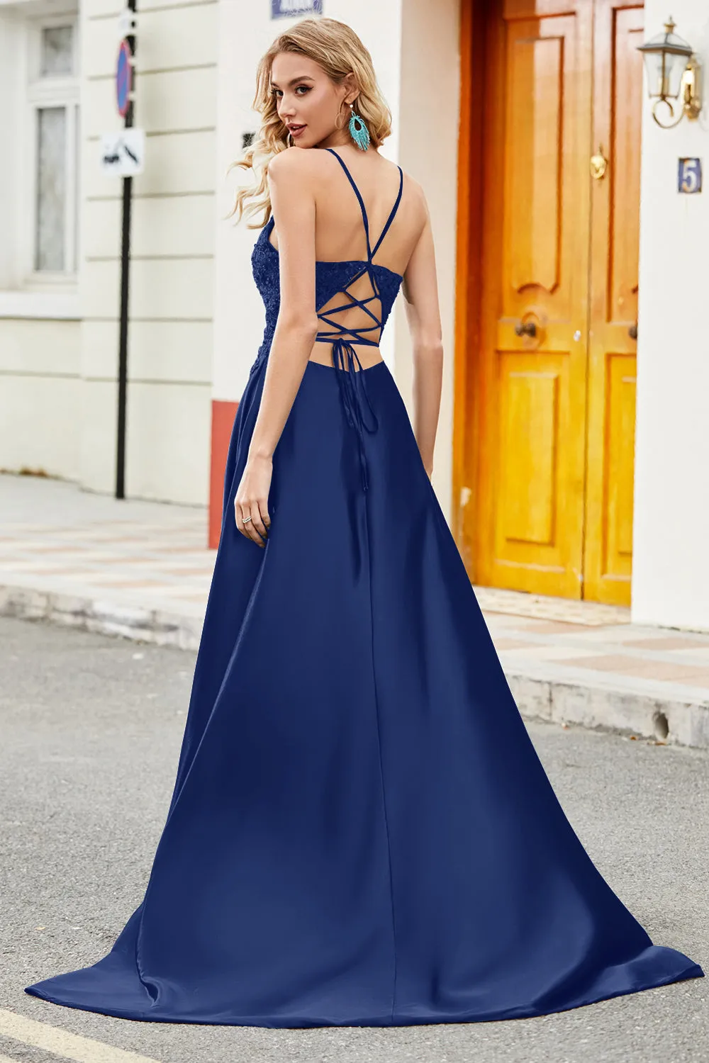 Royal Blue A Line Spaghetti Straps Long Backless Prom Dress with Appliques sold by Zapaka product image thumbnail 4