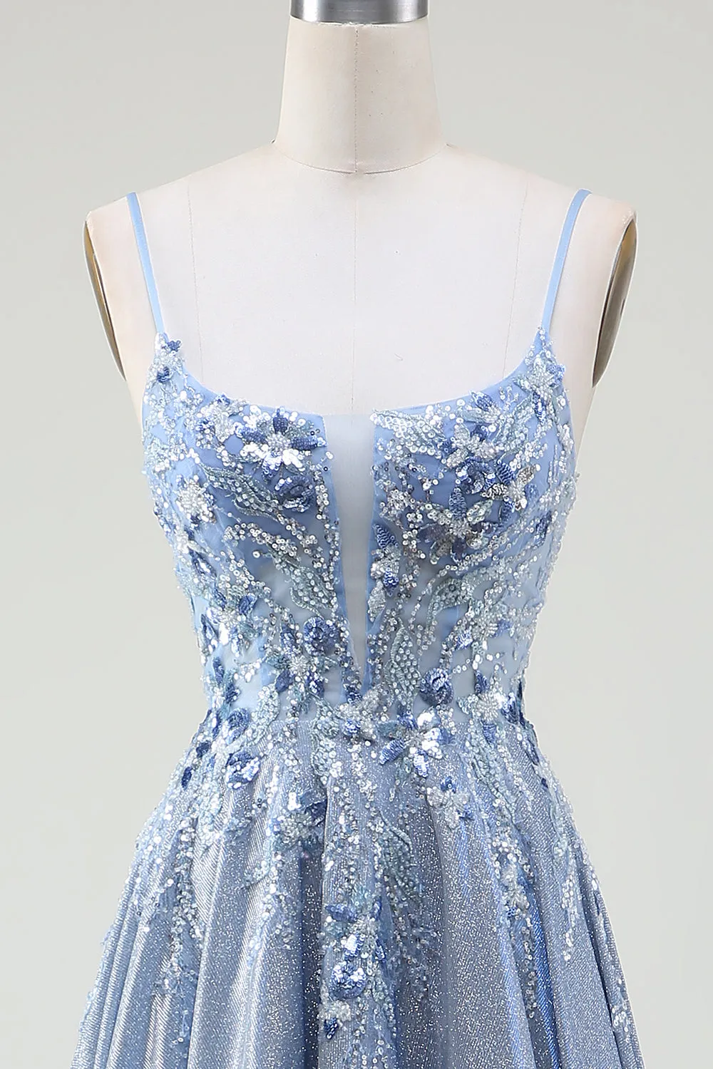 Glitter A-Line Spaghetti Straps Grey Blue Prom Dress sold by Zapaka product image thumbnail 4