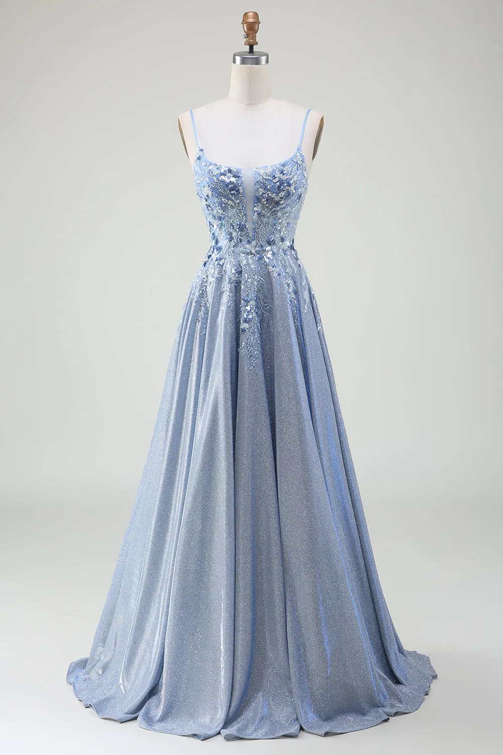 Glitter A-Line Spaghetti Straps Grey Blue Prom Dress sold by Zapaka