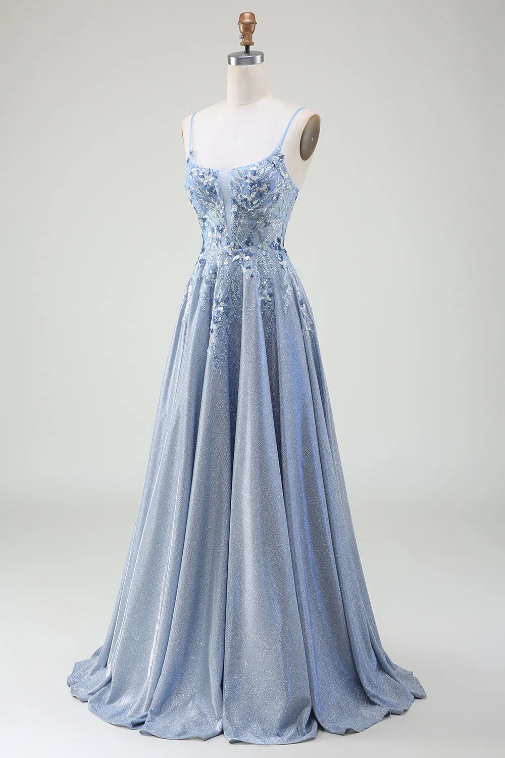 Glitter A-Line Spaghetti Straps Grey Blue Prom Dress sold by Zapaka product image thumbnail 3