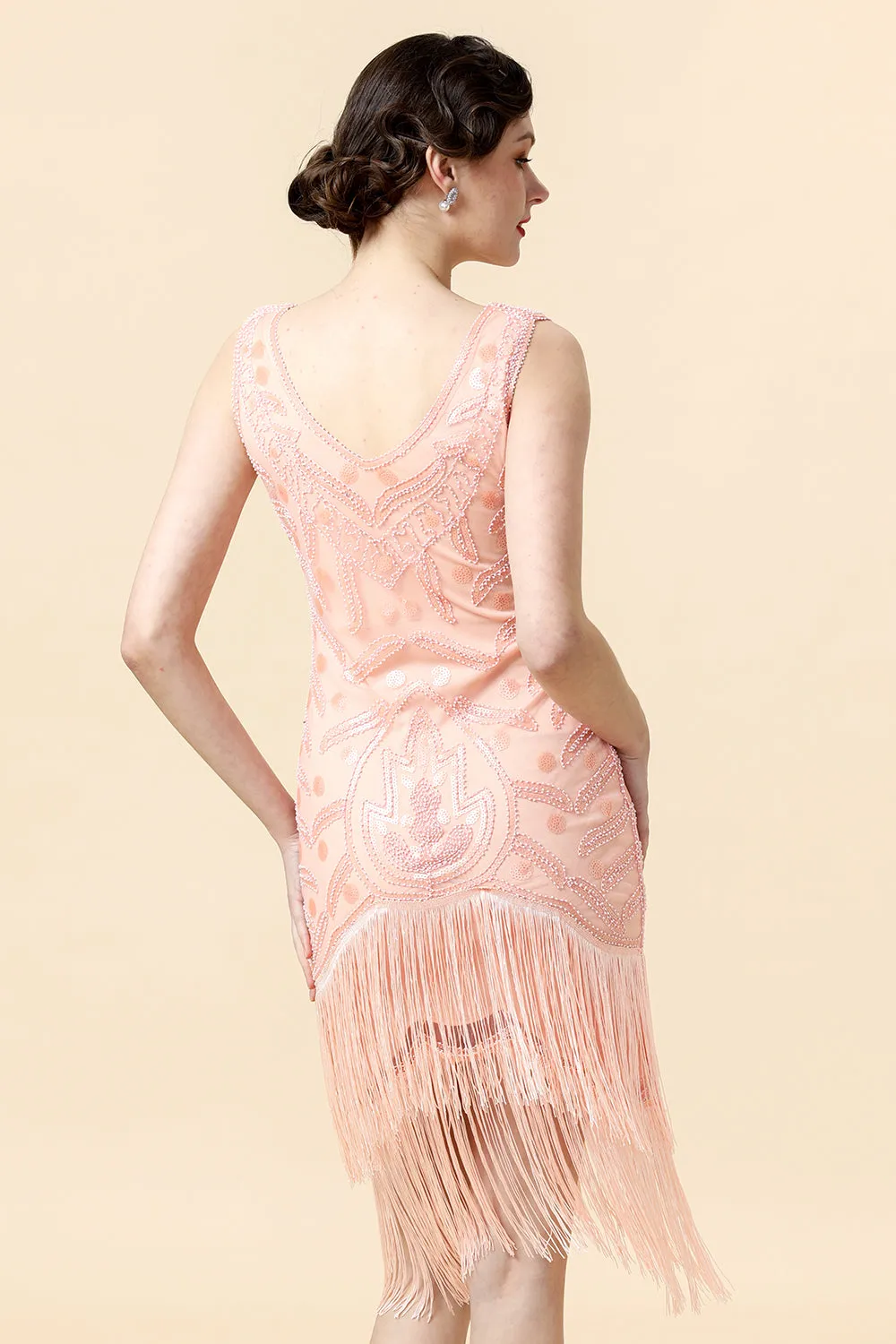 Beaded Pink Fringed Flapper Dress with 1920s Accessories Set sold by Zapaka product image thumbnail 3