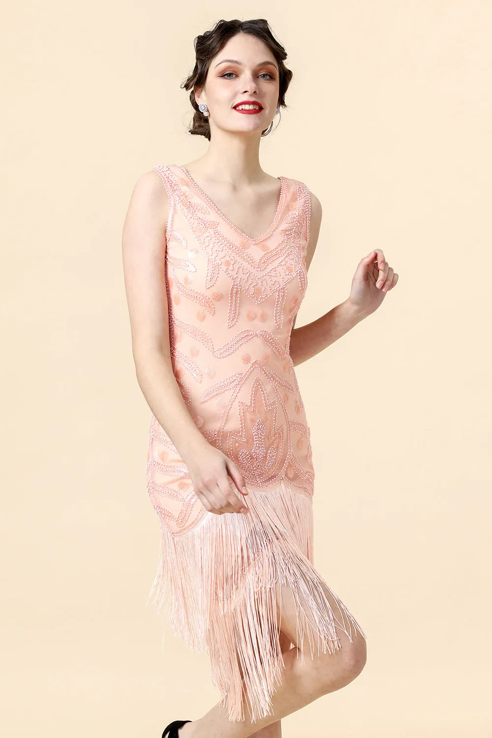Beaded Pink Fringed Flapper Dress with 1920s Accessories Set sold by Zapaka product image thumbnail 4