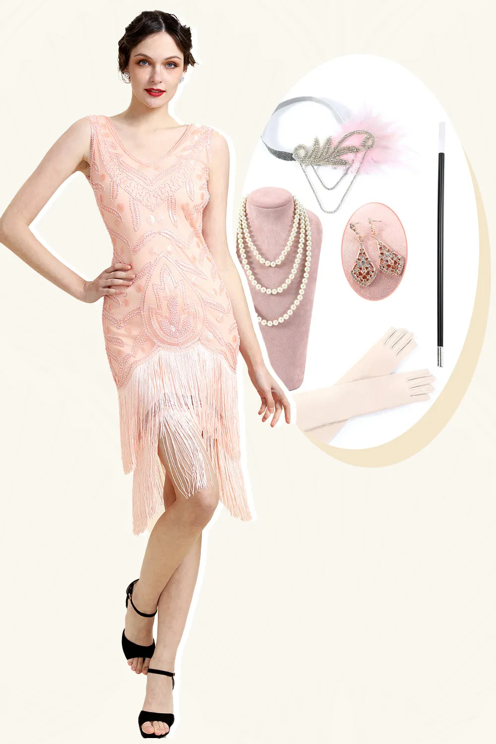 Beaded Pink Fringed Flapper Dress with 1920s Accessories Set sold by Zapaka
