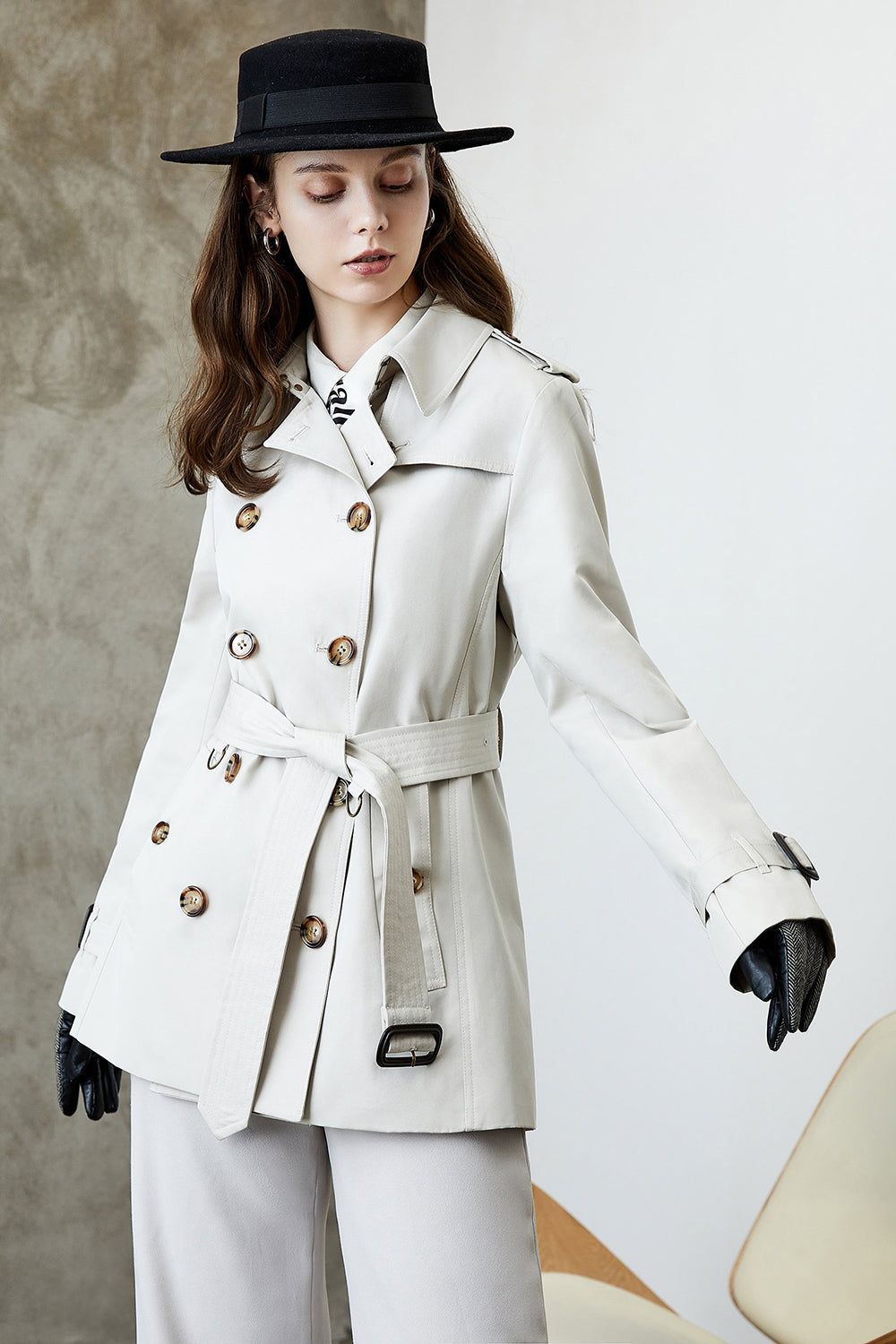 Khaki Double Breasted Short Trench Coat with Belt sold by Zapaka product image thumbnail 5