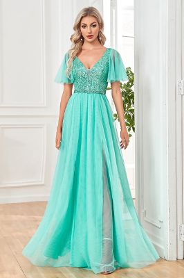 Green Flutter Sleeves Sparkly A Line Long Prom Dress sold by Zapaka