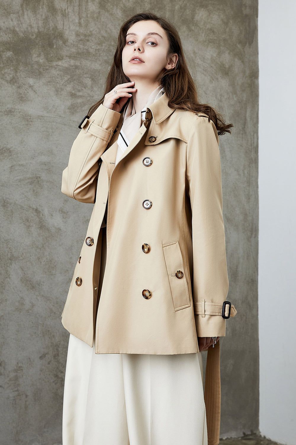 Khaki Double Breasted Short Trench Coat with Belt sold by Zapaka product image thumbnail 4