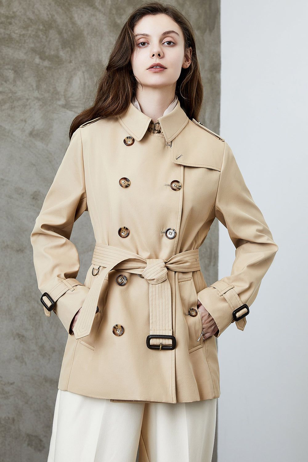 Khaki Double Breasted Short Trench Coat with Belt sold by Zapaka