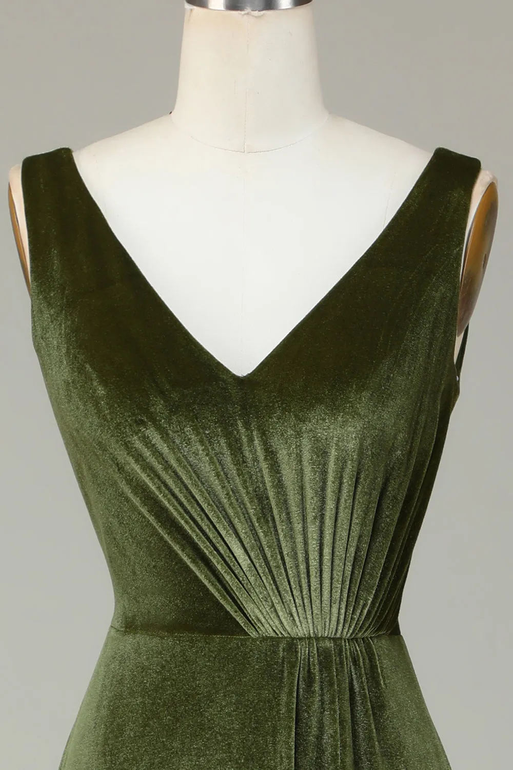 V-Neck Sleeveless Olive Velvet Bridesmaid Dress sold by Zapaka product image thumbnail 4