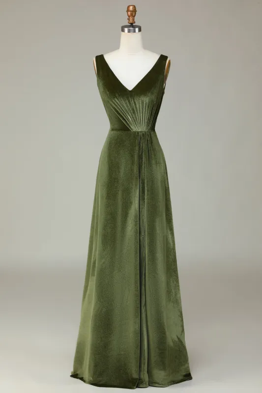 V-Neck Sleeveless Olive Velvet Bridesmaid Dress sold by Zapaka