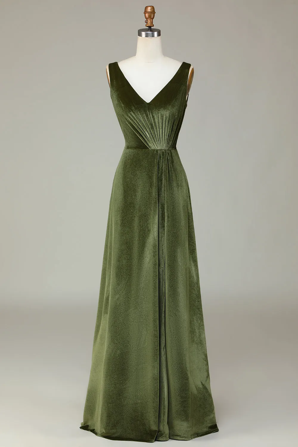 V-Neck Sleeveless Olive Velvet Bridesmaid Dress sold by Zapaka