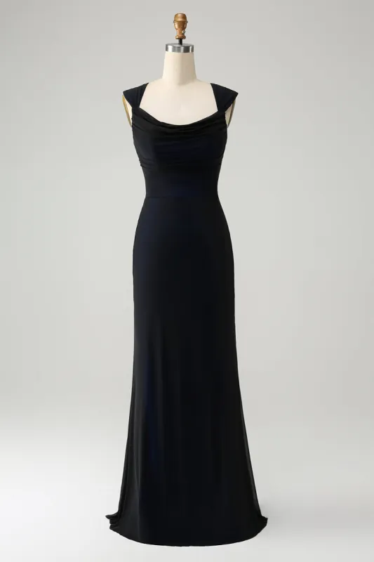 Black Blue Mermaid Cowl Neck Long Bridesmaid Dress sold by Zapaka