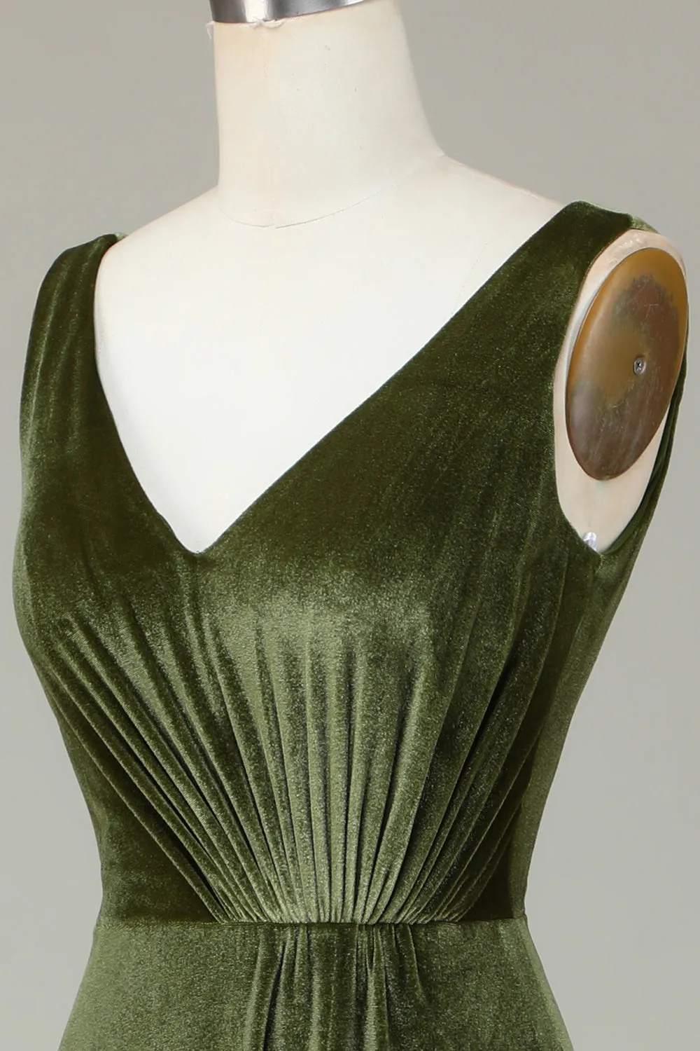 V-Neck Sleeveless Olive Velvet Bridesmaid Dress sold by Zapaka product image thumbnail 5