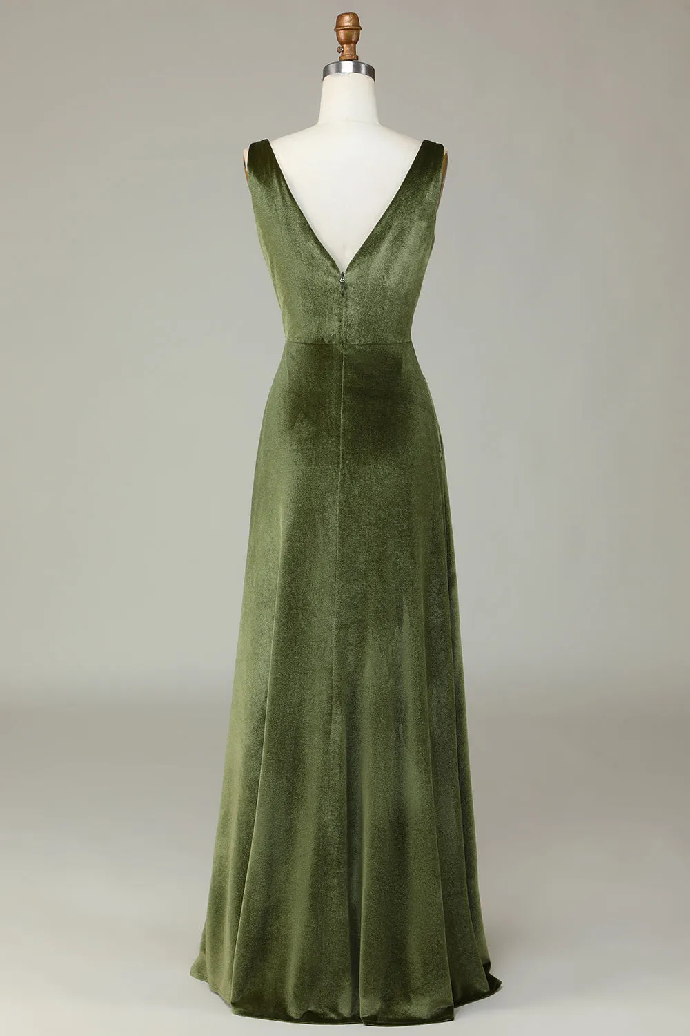 V-Neck Sleeveless Olive Velvet Bridesmaid Dress sold by Zapaka product image thumbnail 2