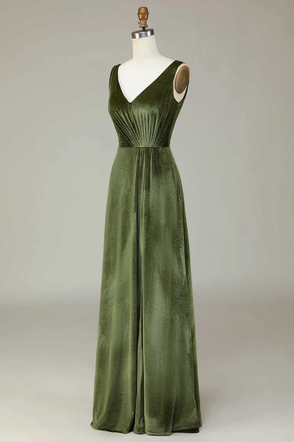 V-Neck Sleeveless Olive Velvet Bridesmaid Dress sold by Zapaka product image thumbnail 3