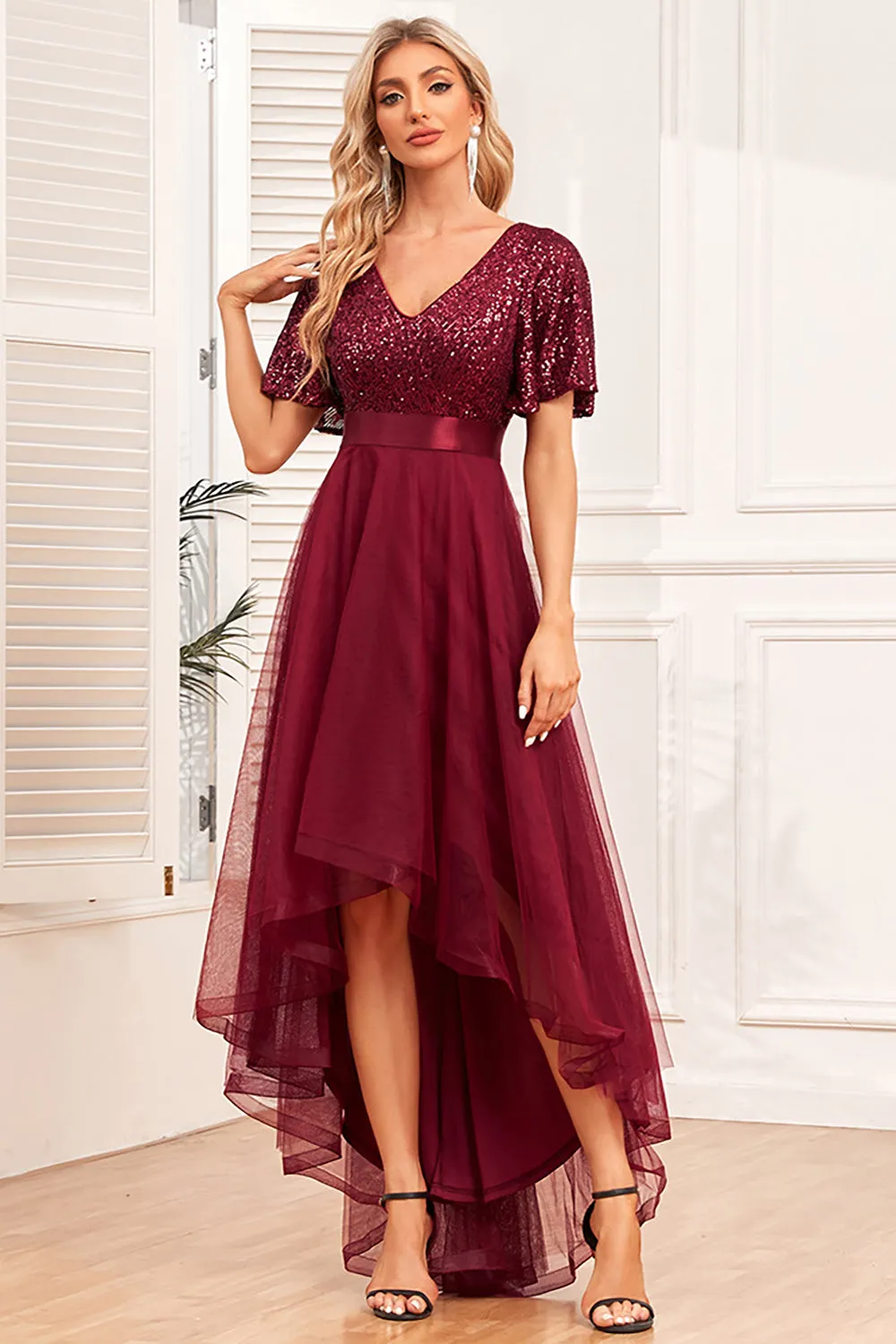 Burgundy A-Line V Neck Short Sleeves High Low Prom Dress sold by Zapaka product image thumbnail 3