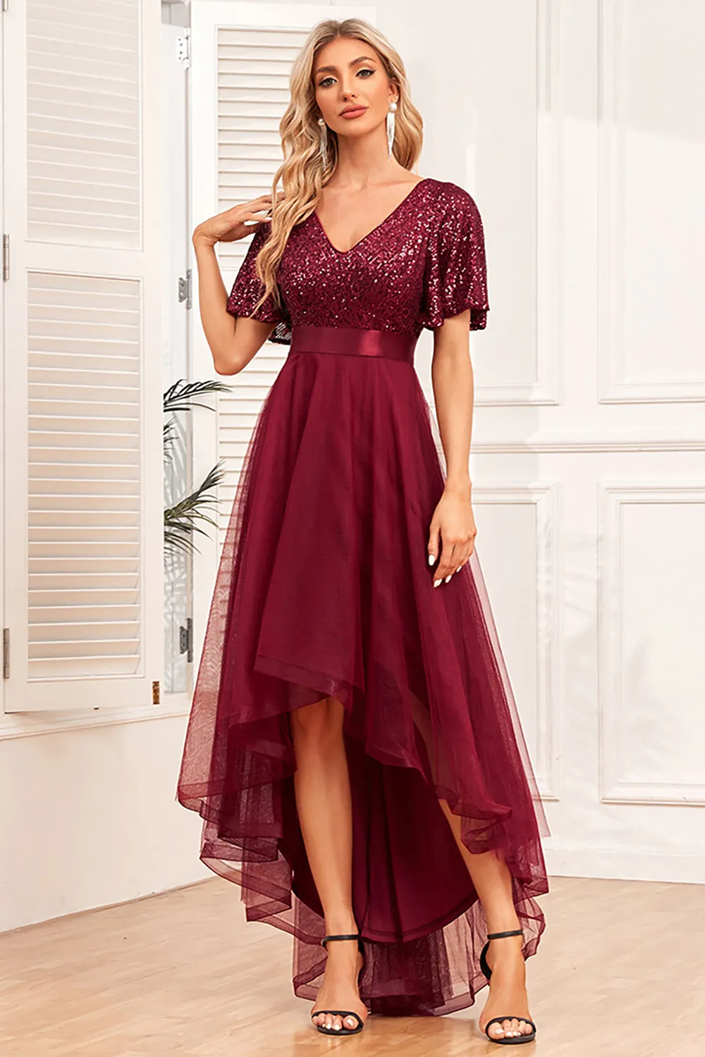 Burgundy A-Line V Neck Short Sleeves High Low Prom Dress sold by Zapaka product image thumbnail 4