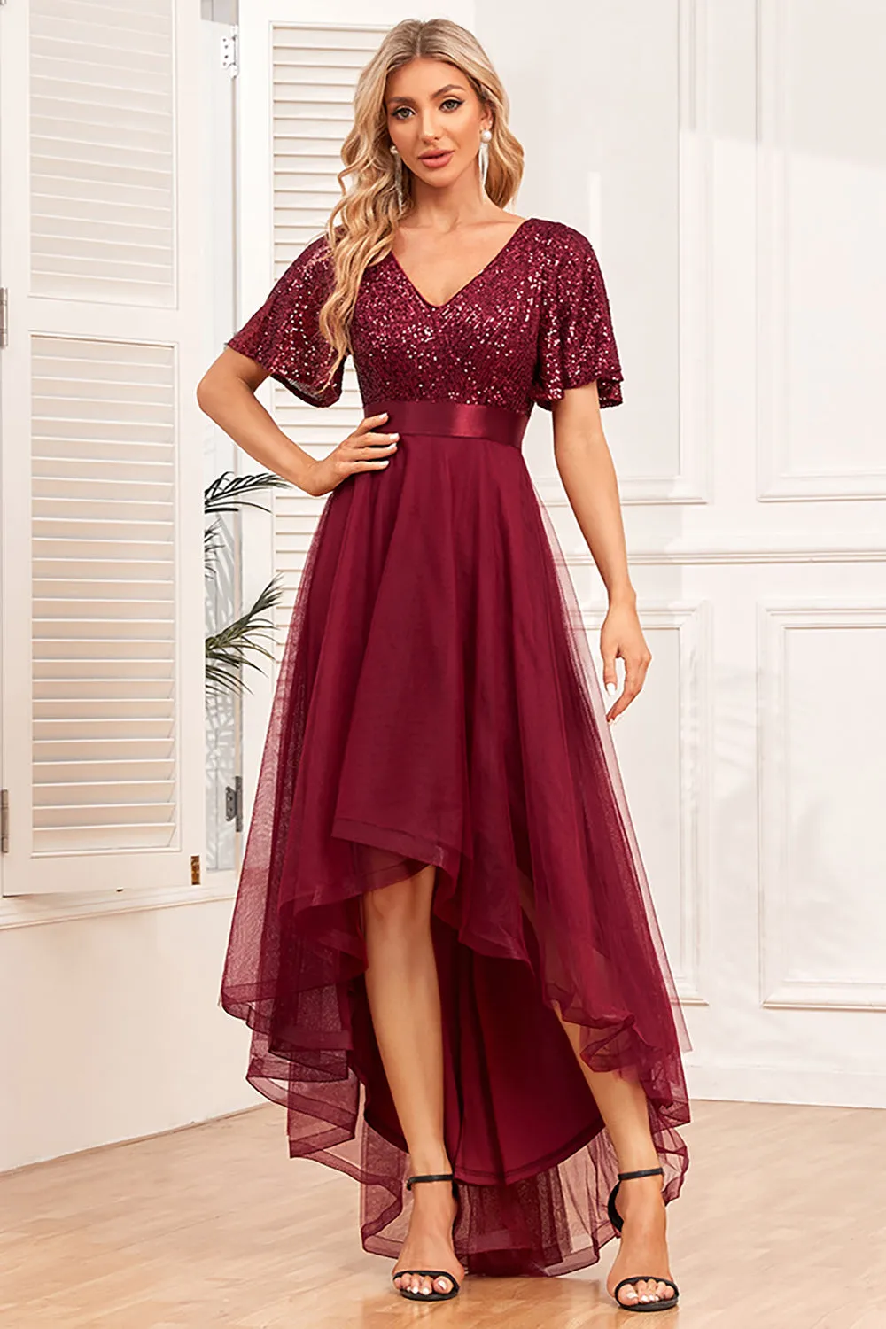 Burgundy A-Line V Neck Short Sleeves High Low Prom Dress sold by Zapaka